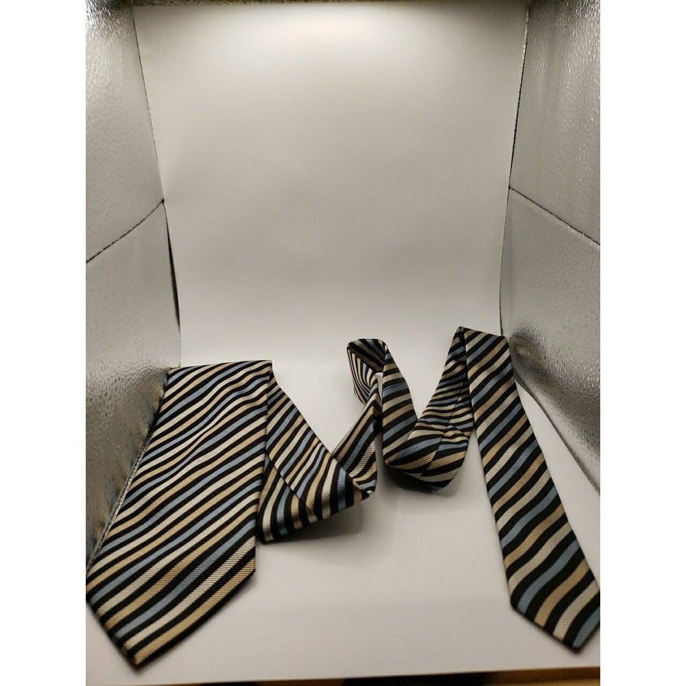 Giorgio Armani Mens Silk Tie Black Blue White Gold Striped Pattern Made in Italy
